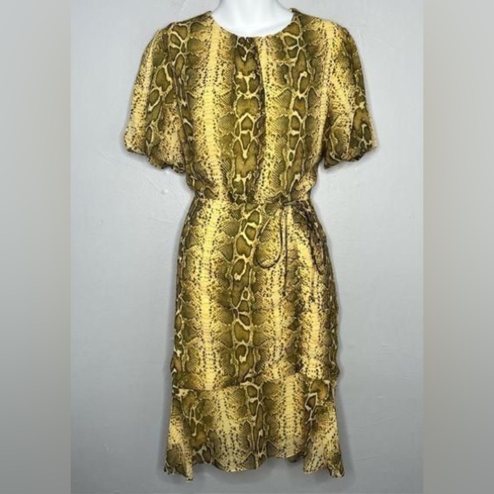 Sam Edelman Yellow Snakeskin Print Puff Sleeve Ruched Dress